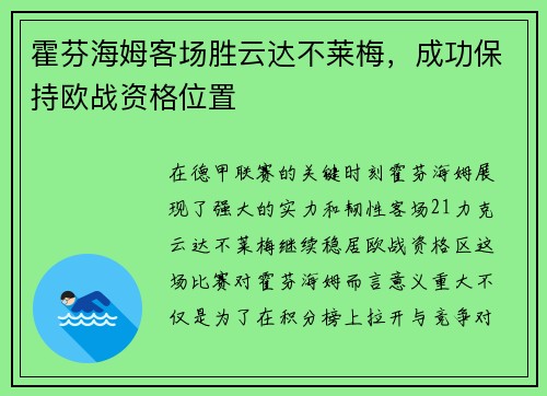 霍芬海姆客场胜云达不莱梅，成功保持欧战资格位置