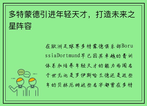 多特蒙德引进年轻天才，打造未来之星阵容