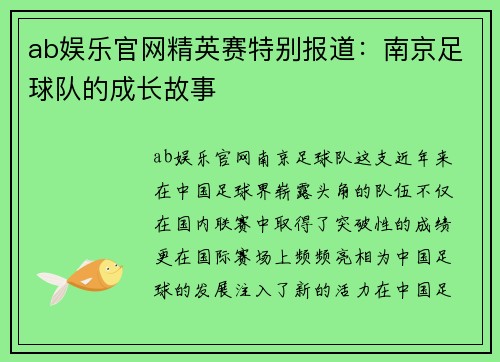 ab娱乐官网精英赛特别报道：南京足球队的成长故事